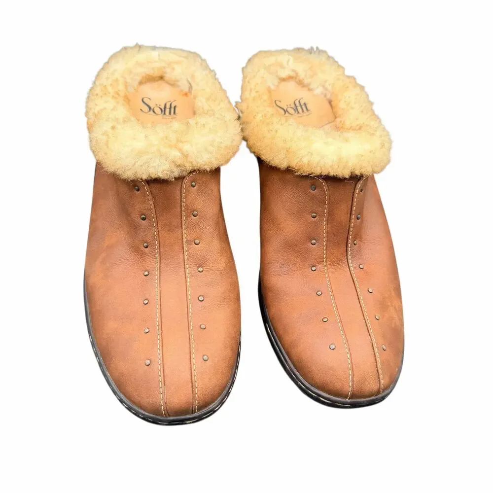 Sofft Brown Leather Shearling Clogs Mules Size 9M Cozy Comfort
